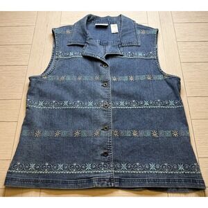 Alfred Dunner Blue Denim Collared Button Up Embroidered Sleeveless Top 12 Boho